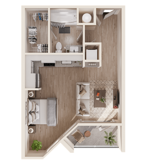 Floor plan for 1 bed, 1 bath, 531 sqft